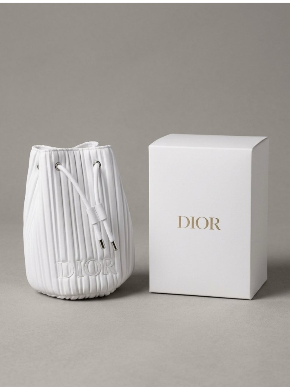 Dior White Pleated Drawstring Pouch
